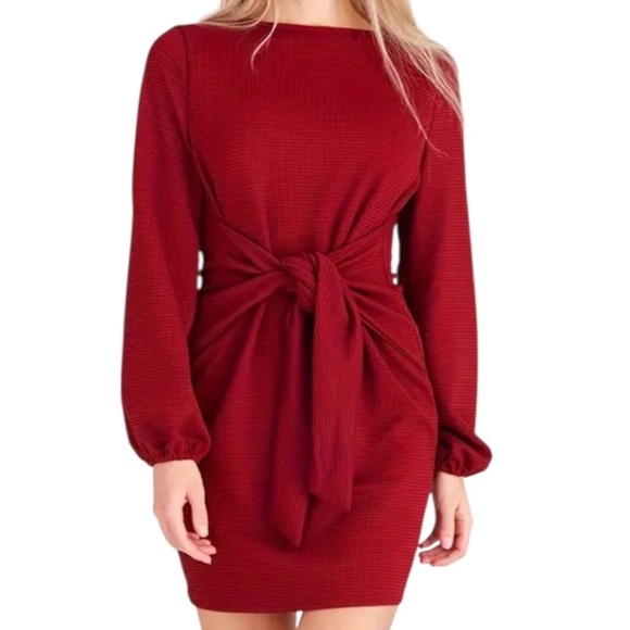 Dresses & Skirts - Women’s Elegant Lantern Long Sleeve Crewneck Tie Waist Dress